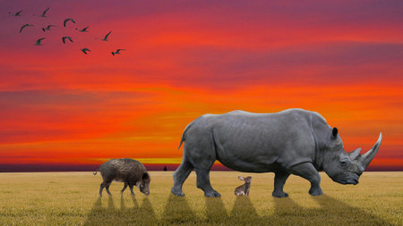 Rhinoceros, warthog, and rabbit in the meadow at sunset, 3d renderの写真素材