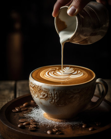 cup of coffee latte art on wooden table, vintage color toneの素材