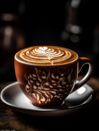 This elegant macchiato features a beautifully crafted rosetta latte art, demonstrating the skill and precision of the barista. The close-up photo highlights the intricate design, contrasting the bold espresso with the velvety steamed milk. This visually stunning creation elevates the coffee experience to a work of art.の素材