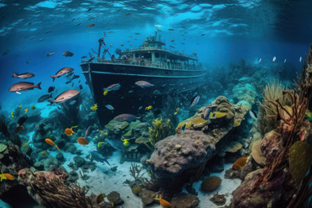 Underwater view of a ship wreck on a tropical coral reef with fishの素材
