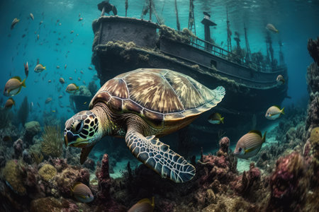 Hawaiian Green Sea Turtle (Chelonia mydas) on a coral reefの素材