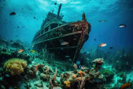 In this dynamic image, a wrecked ship is discovered among vibrant coral and bustling sea life, illustrating the wonders of underwater exploration. The scene invites viewers to imagine the stories and history entwined within the ship's remains.の素材
