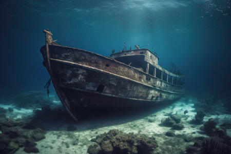 This haunting image captures the remnants of a wrecked ship lying on the ocean floor, a testament to its maritime history. The sunken vessel, shrouded in mystery, serves as a window into the past, inviting viewers to explore the depths of its untold stories.の素材