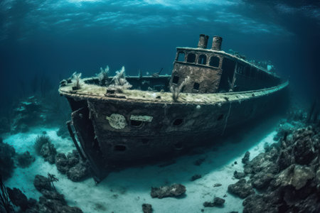 In this haunting image, an abandoned ship is discovered submerged near corals and rocks, providing a window into the past. The photograph conjures a sense of wonder and curiosity about the ship's history and final journey.の素材