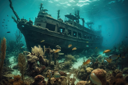 Abandoned ship wreck on a tropical coral reef with fish.の素材