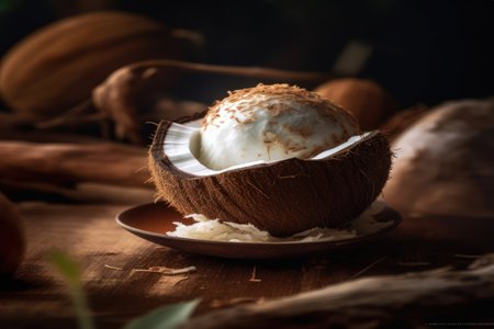 Enjoy an exotic scoop of coconut ice cream, served in a halved coconut shell for an authentic tropical experience.の素材