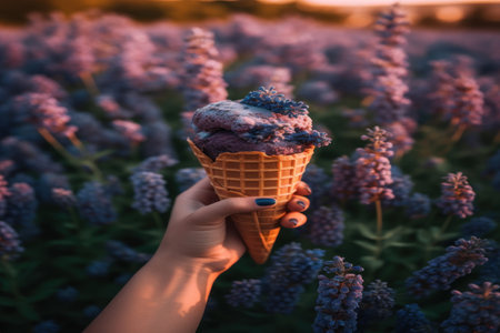 Savor a scoop of blueberry ice cream in a waffle cone, set against a picturesque background of blooming flowers.の素材