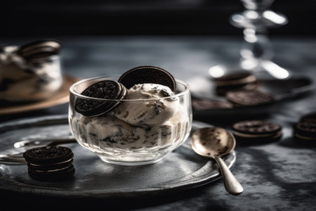 ice cream with chocolate cookies on a dark background. tinting. selective focusの素材