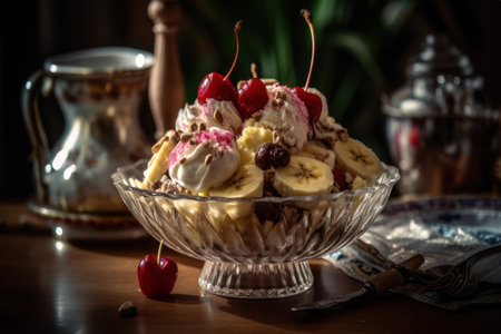 Banana split with ice cream and cherries in a glass bowlの素材