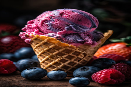 Blueberry and raspberry ice cream in waffle cone with fresh berriesの素材