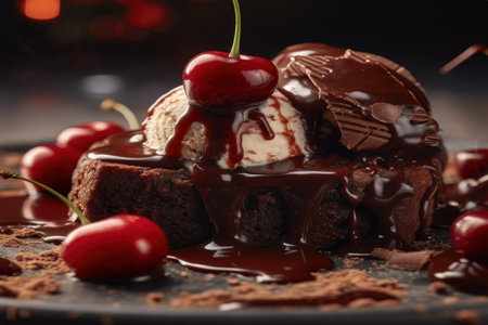 Chocolate cake with ice cream and cherry on dark background, closeupの素材