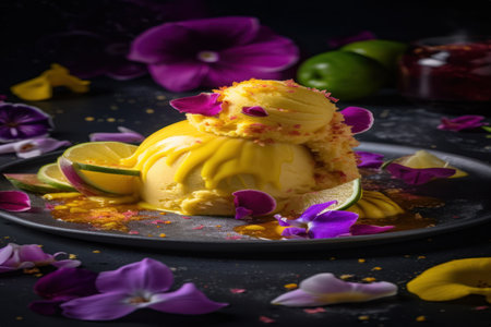 Enjoy a refreshing scoop of mango and passion fruit swirl sorbet, adorned with edible flowers and a zesty lime wedge.の素材