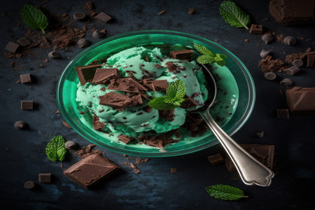 Relish a cooling scoop of mint chocolate chip ice cream, served in a glass bowl, providing the perfect balance of refreshing mint and indulgent chocolate.の素材