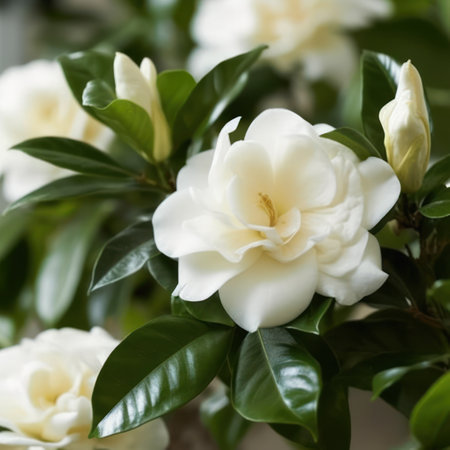 This alluring image features a fragrant gardenia with creamy white petals and a sweet, heady scent. The enchanting beauty and delicate details make it perfect for various design projects, especially those with a romantic or elegant theme.の素材