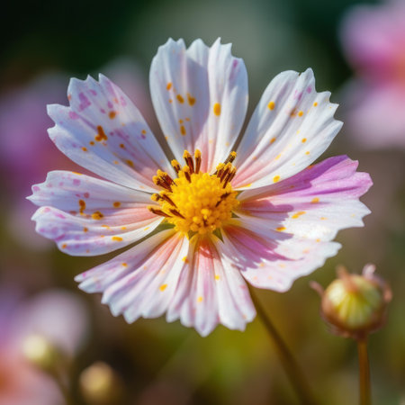 This enchanting image showcases a sweet and whimsical wildflower with delicate petals in shades of pink, yellow, and white. The soft colors and tender details make it perfect for various design projects, especially those with a dreamy or magical theme.の素材
