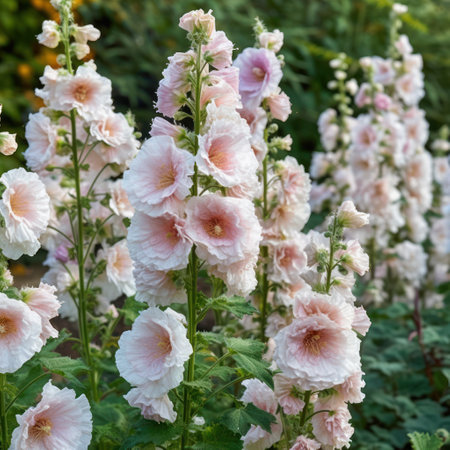 This enchanting image features a delicate hollyhock with tall spikes of soft, pastel-colored flowers. The tender beauty and alluring details make it perfect for various design projects, especially those with a romantic or nostalgic theme.の素材