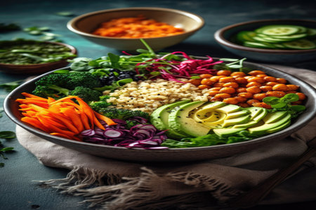 This vibrant image features a delicious, plant-based Buddha bowl, filled with a variety of grains, vegetables, and proteins, in a bright, health-conscious setting. The colorful and nutritious meal is perfect for showcasing healthy eating options, vegan or vegetarian lifestyles, and wellness-focused content.の素材