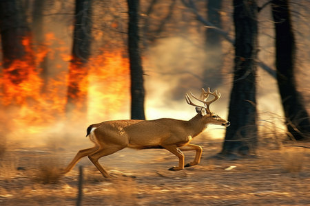 This dramatic image captures a deer sprinting through a fiery forest, attempting to outrun the engulfing wildfire. The powerful scene highlights the urgency and danger faced by wildlife during natural disasters, making it suitable for environmental awareness campaigns, news stories, or documentaries.の素材