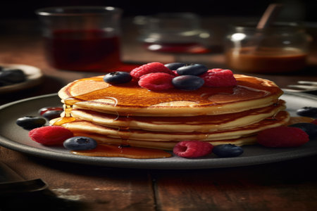 This mouthwatering image features a delicious stack of fluffy pancakes, topped with syrup and berries, set on a breakfast table with warm morning light. The enticing presentation and appetizing colors make it an ideal choice for breakfast menus, food blogs, or culinary projects.の素材