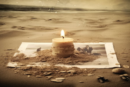 This evocative image captures a burning candle standing on a photo lying on a sandy beach. The vintage style of the scene creates a nostalgic and sentimental atmosphere, inviting viewers to reminisce about the past.の素材