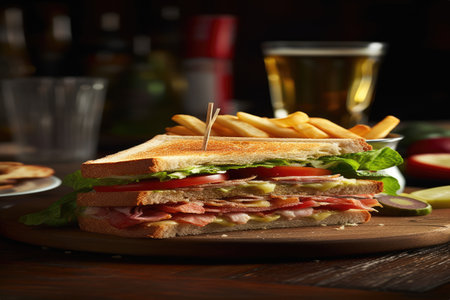 This deliciously layered club sandwich, accompanied by crispy fries, creates an inviting and casual lunchtime setting. The fresh ingredients and mouth-watering presentation make it a popular choice for a satisfying meal.の素材
