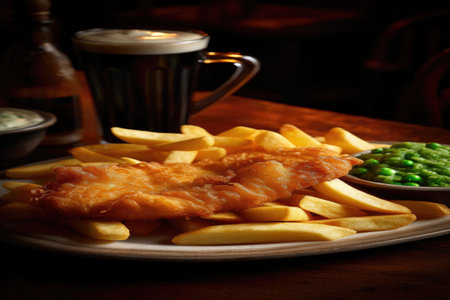 A mouth-watering plate of fish and chips, served with a side of mushy peas, is beautifully presented in a traditional British pub setting. This iconic dish represents the quintessential comfort food of the UK.の素材