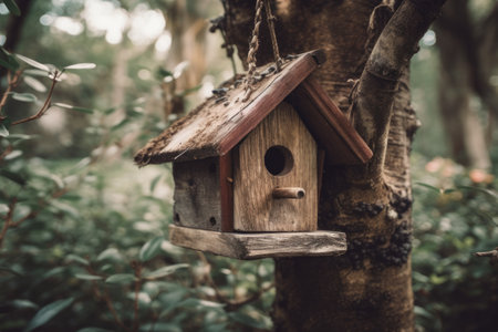 A solitary wooden birdhouse hangs gracefully from a tree branch, representing the harmony between nature and garden spaces. The image evokes a sense of serenity and the beauty of providing a safe haven for wildlife.の素材