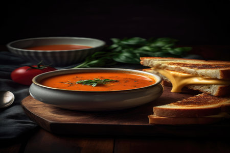 A rich, creamy bowl of tomato bisque is served with a warm grilled cheese sandwich, evoking feelings of comfort and satisfaction. This classic pairing of soup and sandwich is perfect for a cozy meal at home or at your favorite cafÃ©.の素材
