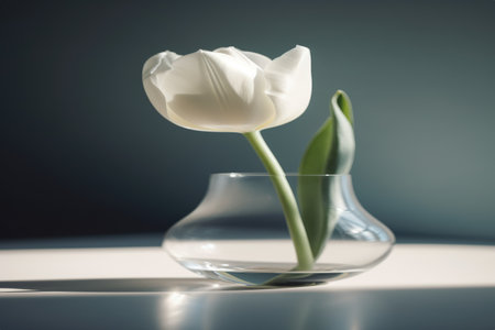 A single white tulip stands gracefully in a clear glass vase against a bright, minimalist background. The simplicity and elegance of the composition evoke feelings of serenity, purity, and the beauty of nature.の素材