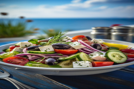 This image showcases a vibrant Greek salad, filled with fresh vegetables, olives, and feta cheese, set against a Mediterranean backdrop. The bright colors and healthy ingredients highlight the delicious flavors and nutritional benefits of this classic dish.の素材