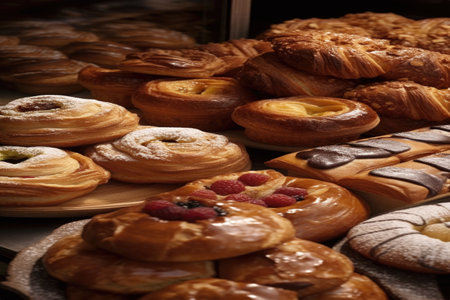 This tempting image features an assortment of fresh pastries, including croissants, Danishes, and tarts, set in a cheerful bakery window display. The variety of delicious baked goods entices the viewer and showcases the art of pastry-making.の素材