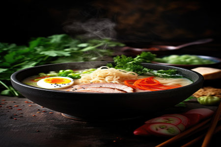 This image presents a steaming hot bowl of ramen, surrounded by fresh ingredients, highlighting the rich flavors and textures of Asian cuisine. The combination of noodles, broth, and toppings creates a delectable and comforting meal.の素材