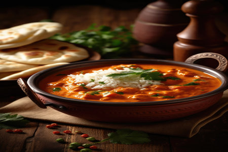 This image features a spicy curry dish, served with rice and naan, showcasing the vibrant flavors of Indian cuisine. The combination of ingredients and spices create a visually appealing and mouthwatering meal.の素材
