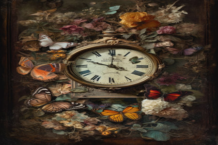 This charming image features a clock, flowers, and butterflies in a still life composition with rococo details. The combination of time, beauty, and nature creates a captivating and elegant scene that evokes a sense of nostalgia and romance.の素材