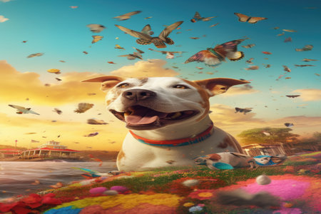 This delightful image captures a playful dog frolicking among soaring birds and fluttering butterflies. The heartwarming scene exudes joy and lightheartedness, showcasing the pure happiness and carefree spirit that animals and nature can bring into our lives.の素材