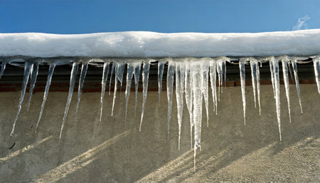 Captured in radiant sunlight, icicles hang from a roof's edge, their crystalline forms sparkling against a clear winter sky.の素材