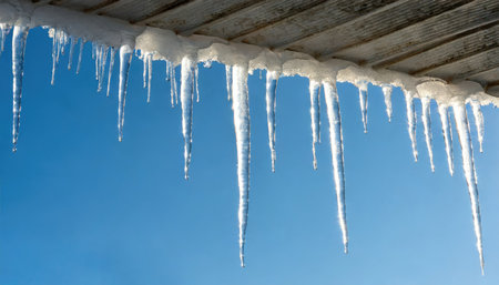 Captured in radiant sunlight, icicles hang from a roof's edge, their crystalline forms sparkling against a clear winter sky.の素材