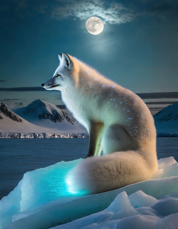 Under the tranquil gaze of the moon, a mystical arctic fox with glowing fur enchants the serene glacier landscape, guiding viewers through a peaceful meditation.の素材