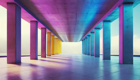 This image depicts a 3D-rendered abstract scene, showcasing a futuristic architectural corridor with vibrant, colorful columns and an expansive concrete floor. Ideal for car presentations, this background embodies a sleek, forward-thinking design aesthetic.の素材