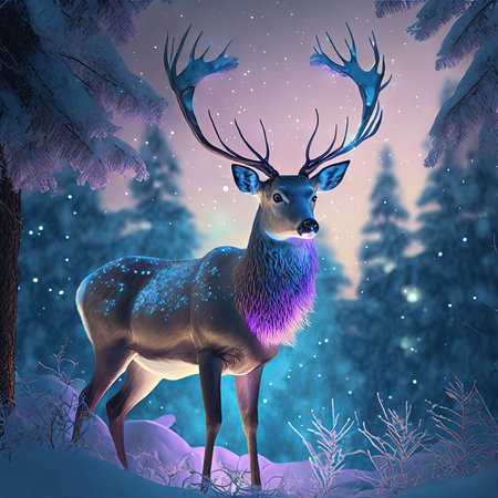 In the hush of a snowy thicket under the gradient hues of twilight, an elegant deer stands, its antlers bathed in a soft neon glow, creating a scene of mystical beauty and serene wilderness.の素材