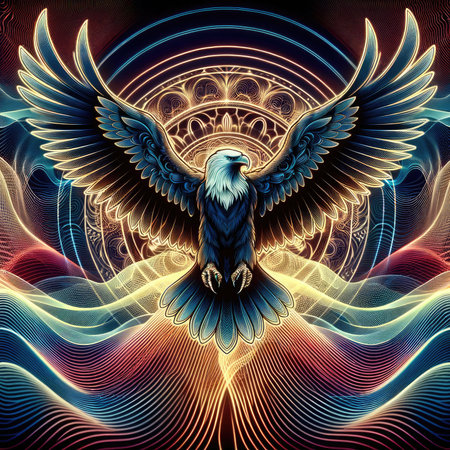 An eagle stands distinguished with wings outstretched, against a tapestry of neon light waves that evoke a psychic and abstract aura, symbolizing freedom and visionary power.の素材