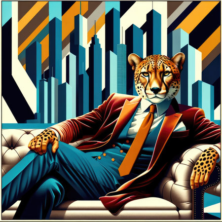 A suave cheetah exudes sophistication in a velvet blazer, reclining on a chaise against the geometric vibrancy of a cubist-style cityscape, embodying the essence of cool, retro urbanity.の素材