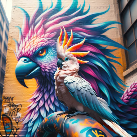 A vibrant cockatoo with a neon-like mohawk echoes the spirited life of urban art as it perches above a graffiti rendition of a phoenix in a lively alley, a fusion of wildlife and street art.の素材