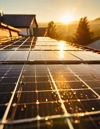 This image captures a close-up view of modern solar panels installed on a residential rooftop during the golden hours of dawn. The panels glisten with dew, highlighting the interplay between natural elements and renewable energy technology.の素材