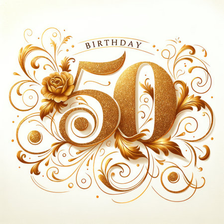 This graphic celebrates a momentous 50th birthday with a soft white backdrop, lavishly adorned with golden glitter swirls and flourishes. The centerpiece is a bold '50', bathed in golden sparkle, with 'Birthday' elegantly scripted above, adding a regal touch to the commemorative design.の素材