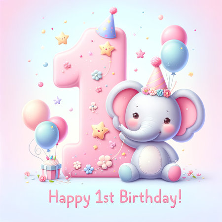 This delightful birthday card showcases a pastel pink number '1' festooned with balloons, stars, and flowers, with a charming baby elephant donning a party hat. The soft pink gradient background sets a gentle, enchanting scene, as "Happy 1st Birthday!" is cheerfully inscribed below, perfect for a child's first celebration.の素材