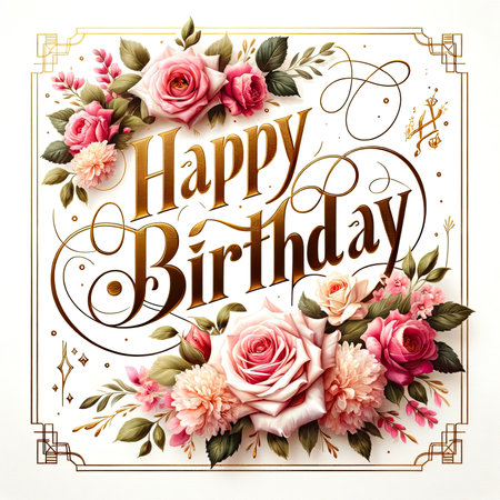 This birthday card features the festive and elegant phrase 'Happy Birthday' prominently scripted in a rich gold hue, offering a striking contrast against a pristine white background. The design is adorned with an elaborate border of lush watercolor roses and peonies in soft pinks and blush tones, evoking the opulence of a significant birthday celebration. Delicate gold geometric accents and lines are interspersed throughout the floral arrangement, adding a refined and chic touch to the artwork.の素材