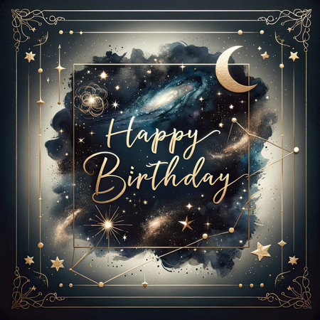 Elegant square birthday greeting card inspired by the enchantment of the night sky. The central message, 'Happy Birthday,' is presented in a luxurious gold font set against a deep navy watercolor backdrop that mimics the night sky, accompanied by accents of galaxies, stars, and crescent moons. The composition is framed with delicate gold constellations, adding a touch of cosmic elegance suitable for a sophisticated birthday celebration.の素材