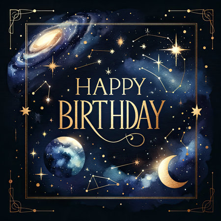 A sophisticated square birthday card design featuring 'Happy Birthday' elegantly scripted in a shimmering gold font, set against a rich navy backdrop that echoes the mysterious depths of a starlit sky. The graphic is beautifully adorned with watercolor depictions of galaxies, twinkling stars, and delicate crescent moons. A border of intricately gold constellations frames the composition, adding a touch of astral charm to the birthday wishes.の素材