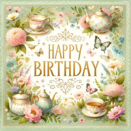 This charming square birthday card features the warm greeting 'Happy Birthday' penned in elegant gold calligraphy at the center. It is set against a soothing tea-green background, encapsulating the essence of a garden tea party. The graphic is delightfully adorned with watercolor illustrations of vintage teacups, lush garden blooms, and gently fluttering butterflies in a serene pastel palette. Subtle gold accents trace ornamental lace patterns around the edges, infusing the design with a touch of sophistication.の素材